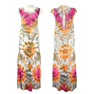 YFB Tie Dye Maxi Dress Orange Pink Green Sleeveless Keyhole Back Medium